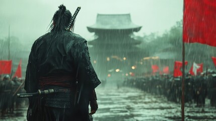 Samurai in the Rainy Courtyard of an Ancient Japanese Temple