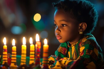 African Child Lighting Candles for Kwanzaa Holiday, Generative AI