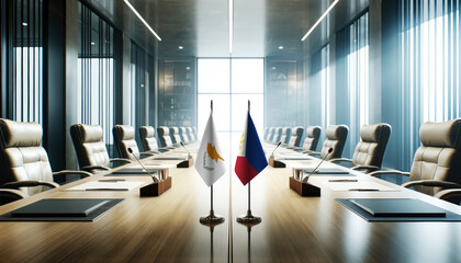 A modern conference room with Cyprus and Philippines flags on a long table, symbolizing a bilateral meeting or diplomatic discussions between the two nations.