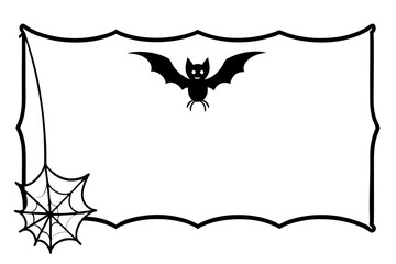 Bat with spiders on web rectangle border frame. Spooky cartoon Halloween theme frames