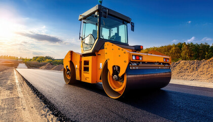 An asphalt roller machine paving a new road with fresh asphalt at a construction site, showcasing the process of roadwork and infrastructure development.