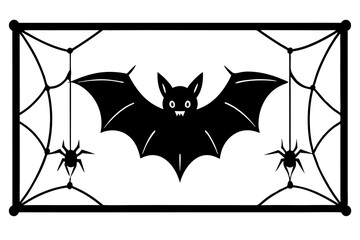 Bat with spiders on web rectangle border frame. Spooky cartoon Halloween theme frames
