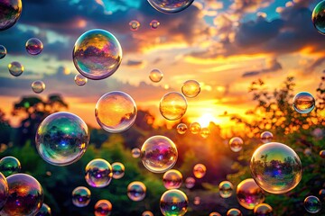 Naklejka premium Dreamy Aesthetic Bubbles Floating in Air with Soft Colors and Light Reflections on a Serene Background