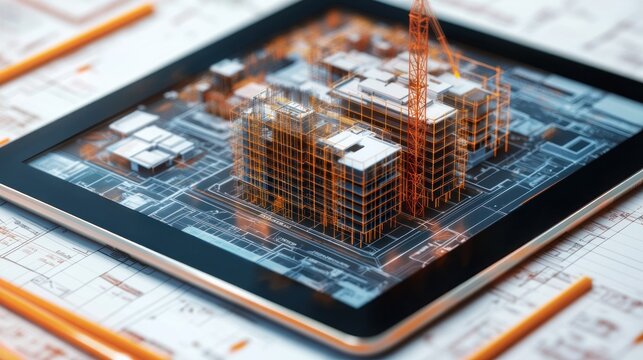 A digital tablet displaying a 3D construction model over architectural plans.
