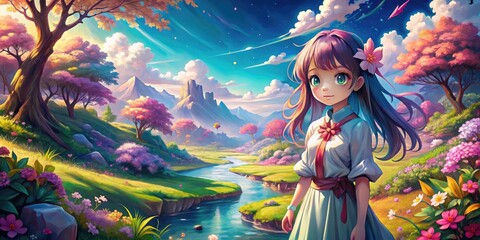 Dreamy anime-style illustration of a whimsical girl in a fantastical landscape with vibrant colors