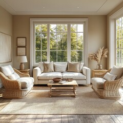 Beige living room interior with couch and armchairs with coffee table, window, Generative AI