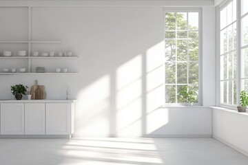 Fototapeta premium Modern Minimalist Kitchen Interior Design with City View and Contemporary Style