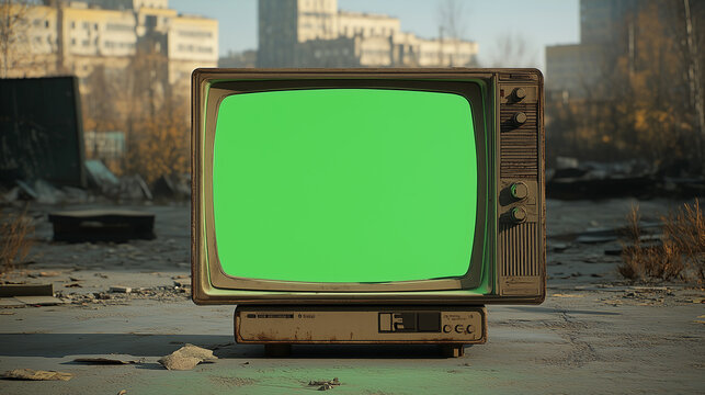 Abandoned Vintage TV with Green Screen in Urban Ruins - Powered by Adobe