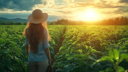 Fototapeta premium A young woman with long hair and a straw hat walks through a field of green plants towards the setting sun.