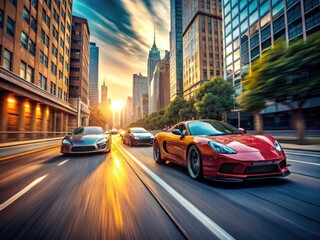 Obraz premium Dynamic action scene with thrilling visuals showcasing high-speed vehicles racing on a city street