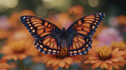 Fototapeta premium A monarch butterfly with orange and black wings sits on a bright orange flower.