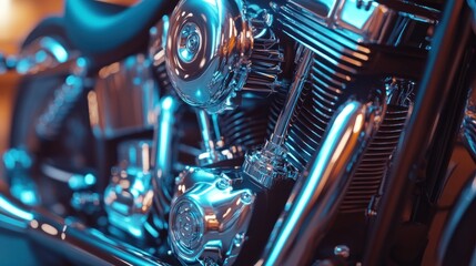 Fototapeta premium Close-up of a polished motorcycle engine showcasing intricate metalwork and design.