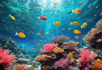 Naklejka premium vibrant school tropical fish swimming amidst multicolored coral reef ecosystem under crystal clear water, underwater, colorful, marine, sea, ocean