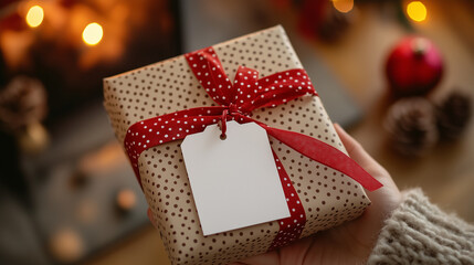 Fototapeta premium Regalo di Natale con sfondo natalizio. Caminetto e fuoco. Fiocco rosso e bigliettino bianco con spazio per testo o messaggio.