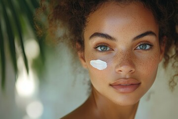 Head and shoulders portrait of contemporary mixed-race woman posing in factory workshop at looking at camera, copy space, Generative AI