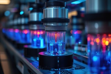 Close-up of a futuristic assembly line with glass tubes filled with blue liquid.