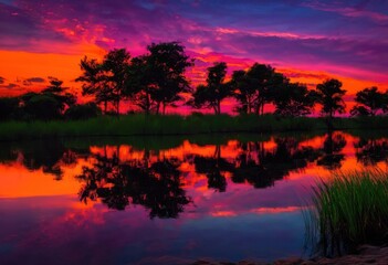 Obraz premium vibrant sunset reflections serene waterscape colorful sky calm water surface, clouds, lake, river, horizon, dusk, twilight, nature, landscape, scenery, light