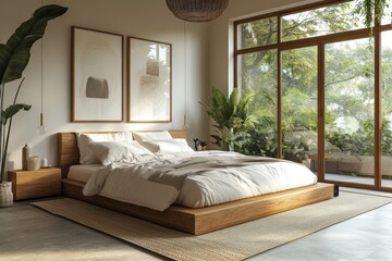 A modern interior bedroom with a workspace area, featuring wooden elements and large windows, minimalist design, bright daylight background, concept of home design. 3D, Generative AI