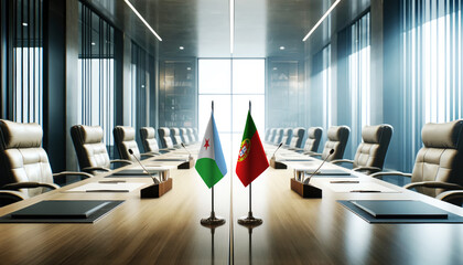 A modern conference room with Djibouti and Portugal flags on a long table, symbolizing a bilateral meeting or diplomatic discussions between the two nations.