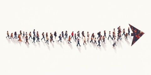 Fototapeta premium A large group of people walking in the shape of an arrow, illustration with a white background Generative AI