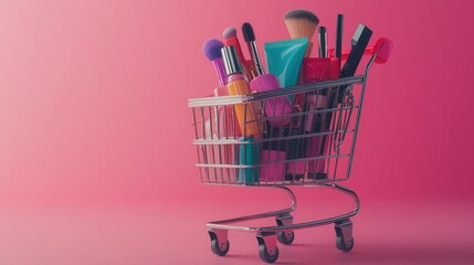 A shopping cart filled with various beauty and cosmetic products against a pink background.