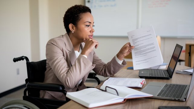 A woman in a wheelchair carefully reviews documents at her desk, focusing on her work. - Powered by Adobe