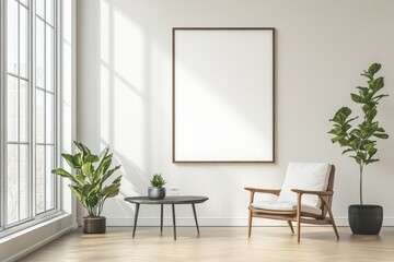 Minimalist Living Room Interior Design with White Poster and Wooden Furniture