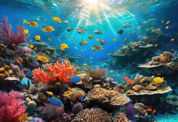 Obraz premium exploring serene underwater realm showcasing colorful marine life diverse ecosystems stunning clarity detail, ocean, coral, reef, fish, squid, dolphin