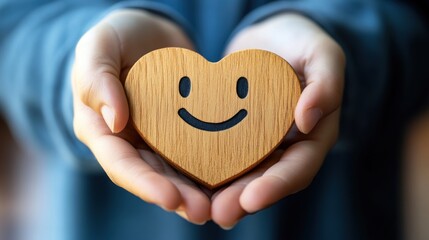 Fototapeta premium A pair of hands holding a wooden heart with a smiling face, symbolizing love and positivity.