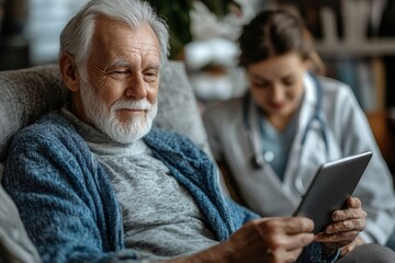 Obraz premium Portrait of white haired senior man in wheelchair smiling at camera indoors with young female nurse assisting, copy space, Generative AI
