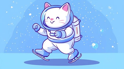 A cute cat in a spacesuit joyfully skating on an icy surface in a whimsical space setting.