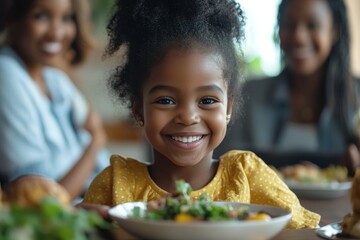 Portrait of African-American family enjoying dinner together in minimal home interior, focus on grandmother serving food to cute little girl, copy, Generative AI
