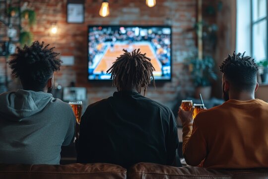 Back view at diverse group of friends watching basketball match at home and drinking beer, Generative AI