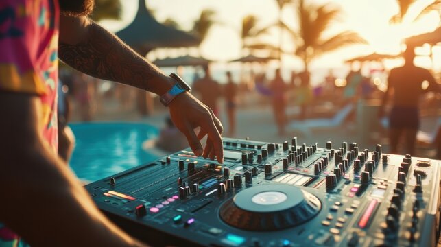 DJ performing at a vibrant poolside party during sunset.