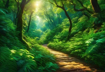 Obraz premium vibrant colorful trails winding through lush green forests surrounded dense foliage vivid flora, adventure, ambient, backcountry, biodiversity, blooming
