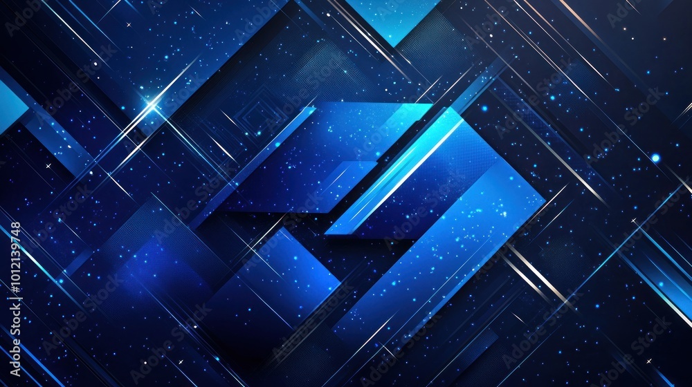 Poster abstract blue geometric design with layered shapes and sparkles, ideal for backgrounds.