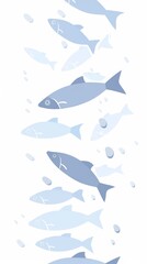 Obraz premium Minimalistic Flat Illustration of a School of Fish Swimming in the Ocean: Soft Blue Tones with Silver Ice Crystals on White Background