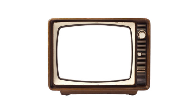 Vintage mid-century wooden television set with empty screen, retro design classic from the 1960s, isolated on white background, iconic home entertainment technology from the past.