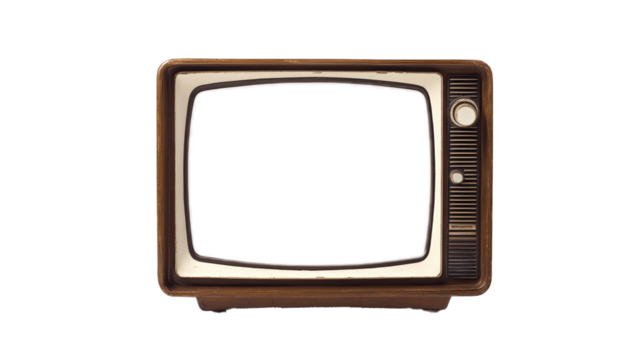Vintage mid-century wooden television set with empty screen, retro design classic from the 1960s, isolated on white background, iconic home entertainment technology from the past.