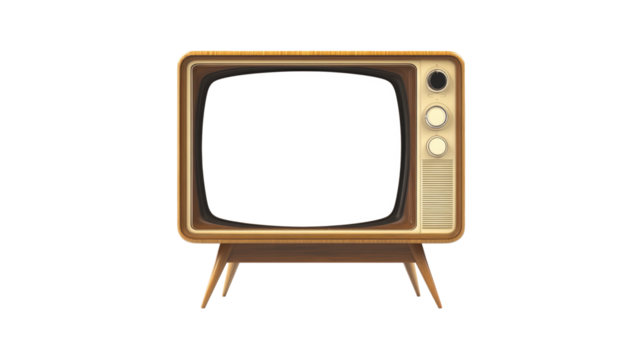 Vintage mid-century wooden television set with empty screen, retro design classic from the 1960s, isolated on white background, iconic home entertainment technology from the past.