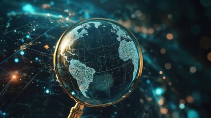 Obraz premium A magnified globe showcasing Earth with a digital network background.