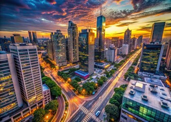 Obraz premium Dynamic Urban Landscape of a Busy City with Skyscrapers, Traffic, and Vibrant Street Life at Dusk