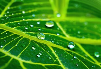 close vibrant water drops resting green leaf lush textures organic shapes captured natural light, nature, fresh, moisture, plant, macro, dew, color, detail