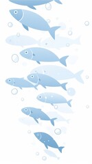 Fototapeta premium Minimalistic Flat Illustration of a School of Fish Swimming in the Ocean: Soft Blue Tones with Silver Ice Crystals on White Background