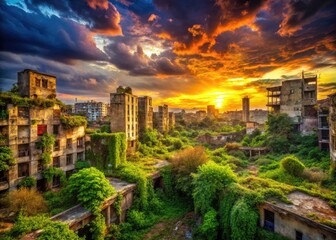Obraz premium Dystopian Cityscape in Ruins with Overgrown Vegetation and Dramatic Skies Under an Apocalyptic Atmosphere