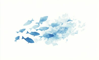 Fototapeta premium Minimalistic Flat Illustration of a School of Fish Swimming in the Ocean: Soft Blue Tones with Silver Ice Crystals on White Background