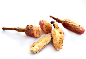 pink fruits - seed vessels of Umbrella magnolia-Magnolia tripetala.