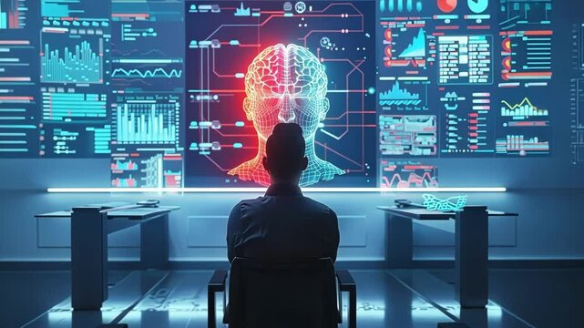 Scientist is sitting, observing a large digital screen displaying a 3d model of a human brain, in a futuristic laboratory setting