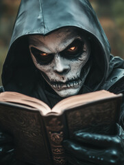 hooded and masked figure with a book - fantasy demon magic - generative ai