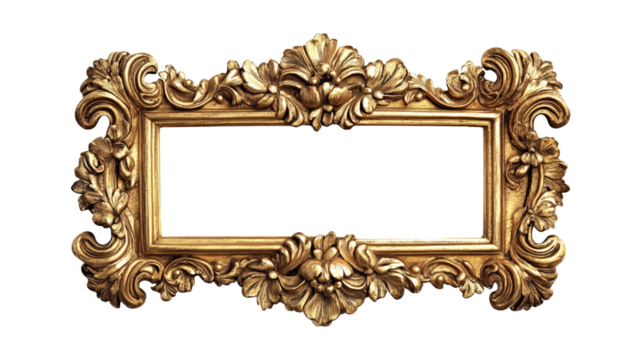 Antique ornate gilded frame isolated on white background, vintage rectangular gold photo frame with intricate carvings, classic decorative piece for artwork or photography display.